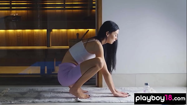 Extra skinny massive tits teen Simone stripping and posing nude in sauna