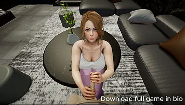 Hot blue-eyed brunette woman with big tits gets on her knees to give a young man a handjob – (You can download full game in bio)
