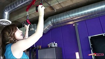 Shy brunette surprised to find a full sex dungeon in cougars house