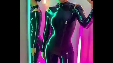Asian Girl in Shiny Black Latex Catsuit (AI Generated)