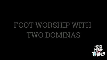 Foot Worship with Two Dominas in Stockings and High Heels